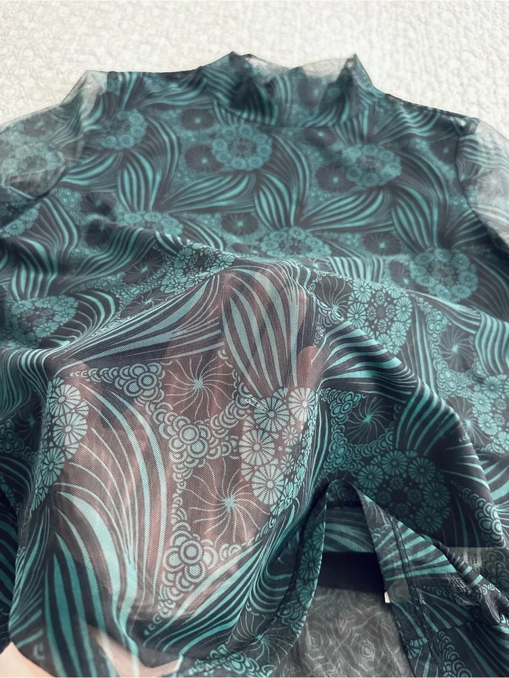 Anthropologie Gauzy Turtleneck Sheer Mesh Teal Green Black Floral Size M